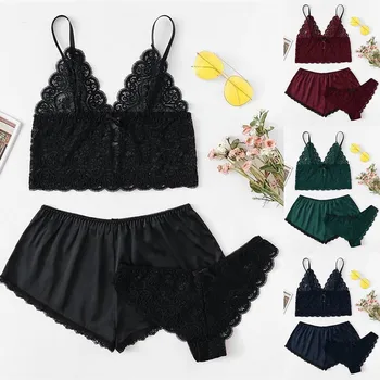 

3PCS Women Satin Silk Camisole Shorts Set Sleepwear Pajamas Lace Lingerie underwear Sets Lingerie Women's Underwear Bra Women