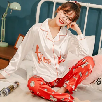 

2020 Spring Summer Silk Satin Print Pajama Sets for Women Long Sleeve Sleepwear Loungewear Pyjamas Homewear Pijama Mujer Clothes
