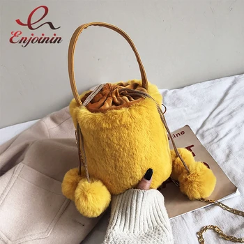 

Plush Stitching PU Leather Simple Design Bucket Bag 2021 Trendy Fur Ball Ladies Handbags Ladies Shoulder Bags Women Purses
