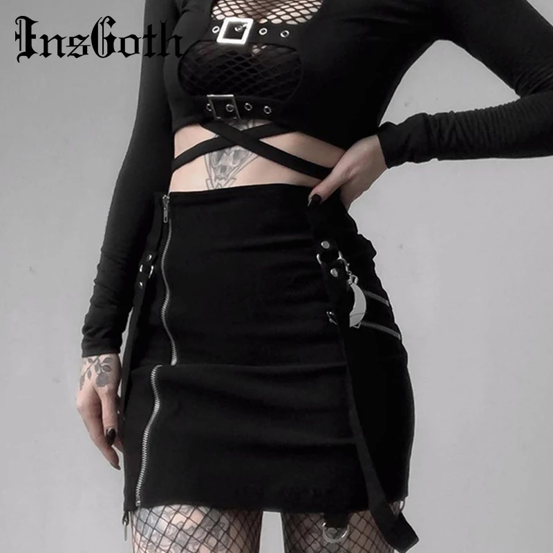InsGoth облегающие черные мини-юбки с высокой талией, женские юбки на молнии в готическом стиле, обтягивающие шорты, юбки Harajuku, сексуальная юбка