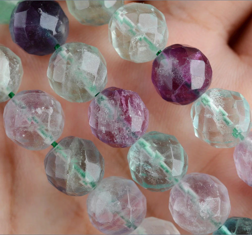 2PCS 8-12mm High Quality Natural Faceted Colorful Fluorite Beads