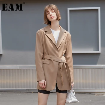 

[EAM] Loose Fit Belt Split Joint Temperament Jacket New Lapel Long Sleeve Women Coat Fashion Tide Spring Autumn 2020 1B146