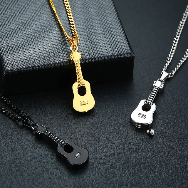 Gold Acoustic Guitar Dog Tag Stainless Steel Cremation Jewelry Pendant Necklace