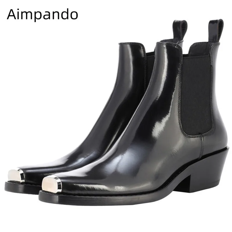 

2020 Chic Chelsea Boots Woman Metal Square Toe Slip On Party Bottes Solid Genuine Leather Botines Chunky Med Heel Boots Women