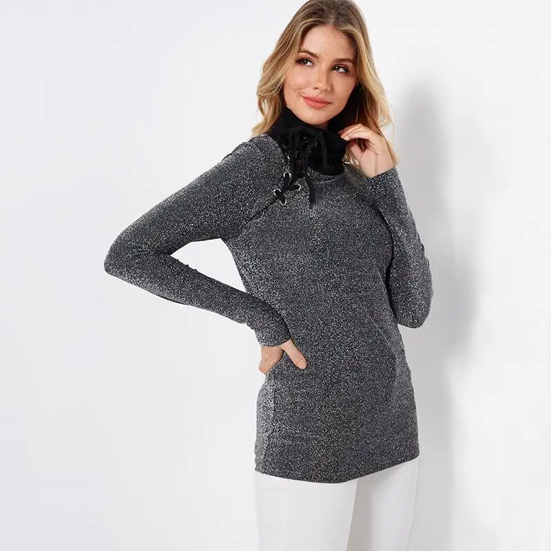 YOINS, осенне-зимние женские блузки, черные, облегающие, самозавязывающиеся, с дымоходным воротником, с длинным рукавом, рубашки, блестящие, серебристые, для чтения, блузы