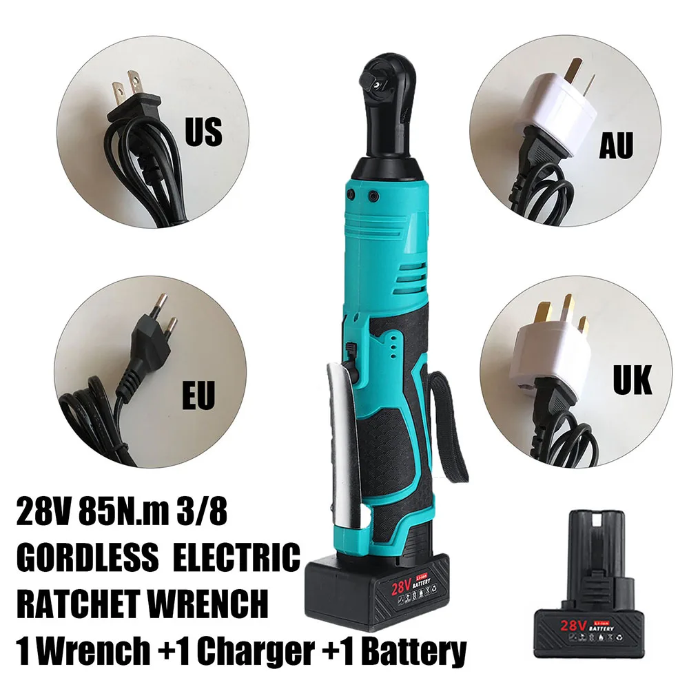 

Black Blue 28V 3/8inch 85N.M LED Right Angle Cordless Electric Ratchet Wrench With Battery 50*75*315mm
