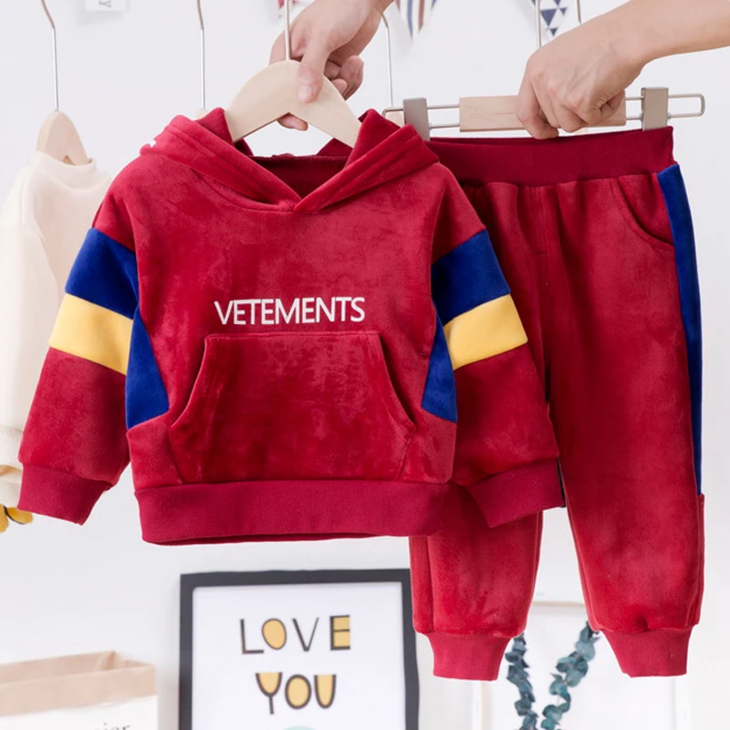 

Girl Winter Clothes Children Velvet Clothes Set Hooded Kids Tracksuit Patchwork Packet Top + Pants Boys Girls Sport Suit Toddler