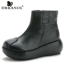 DRKANOL/ г., осенне-зимние ботильоны для женщин, зимние ботинки из натуральной кожи на танкетке в стиле ретро Женская теплая плюшевая обувь