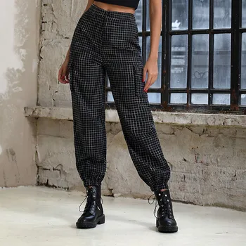 

hirigin Women's Vintage Plaid High Waist empire Long Pants female plaid Cargo pants fashion ladies Sport casual Sweatpants new