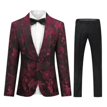 

Yunclos Men's Wedding Suit 2pcs Floral Print Slim Gentleman Tuxedo Male Set for Party High Quality Single Button Blazer+Pants