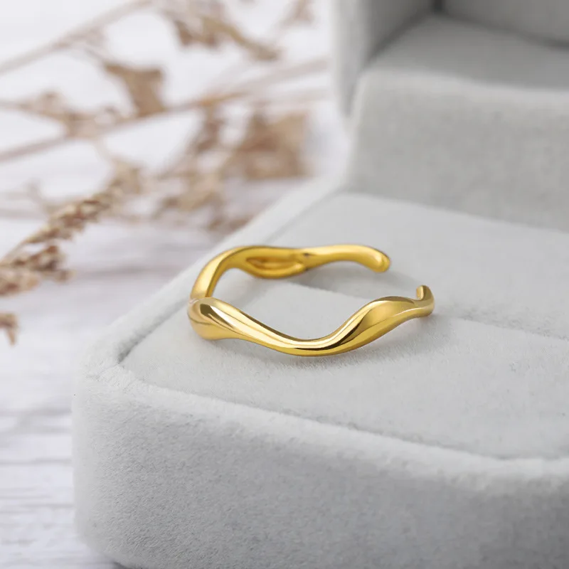 MEYRROYU Stainless Steel Gold Color Wave Rings Accessories Trend For Women Couple Gift Party Fashion Jewelry gold color rings stainless steel ring finger ring gold color ring adjustable rings jewelry accessories