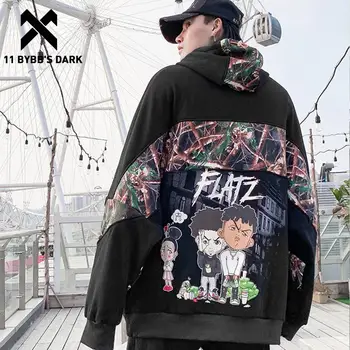 

11 BYBB'S DARK Hip Hop Patchwork Cartoon Printed Thick Mens Hooded Jackets 2019 Harajuku Tops Cotton Oversized Coats Streetwear