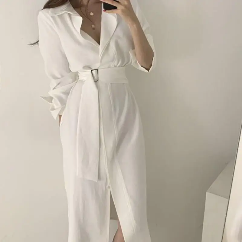 

Elegant Women Casual V Neck Solid Shirt Dress Long Sleeve Turn-Down Collar Dress A-Line Split Belt Plus Size Dress