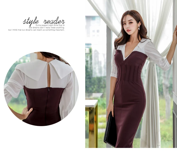 TUHAO осеннее цветное лоскутное платье с высокой талией и v-образным вырезом, облегающее платье средней длины с рукавом три четверти, Сексуальные клубные платья T2709