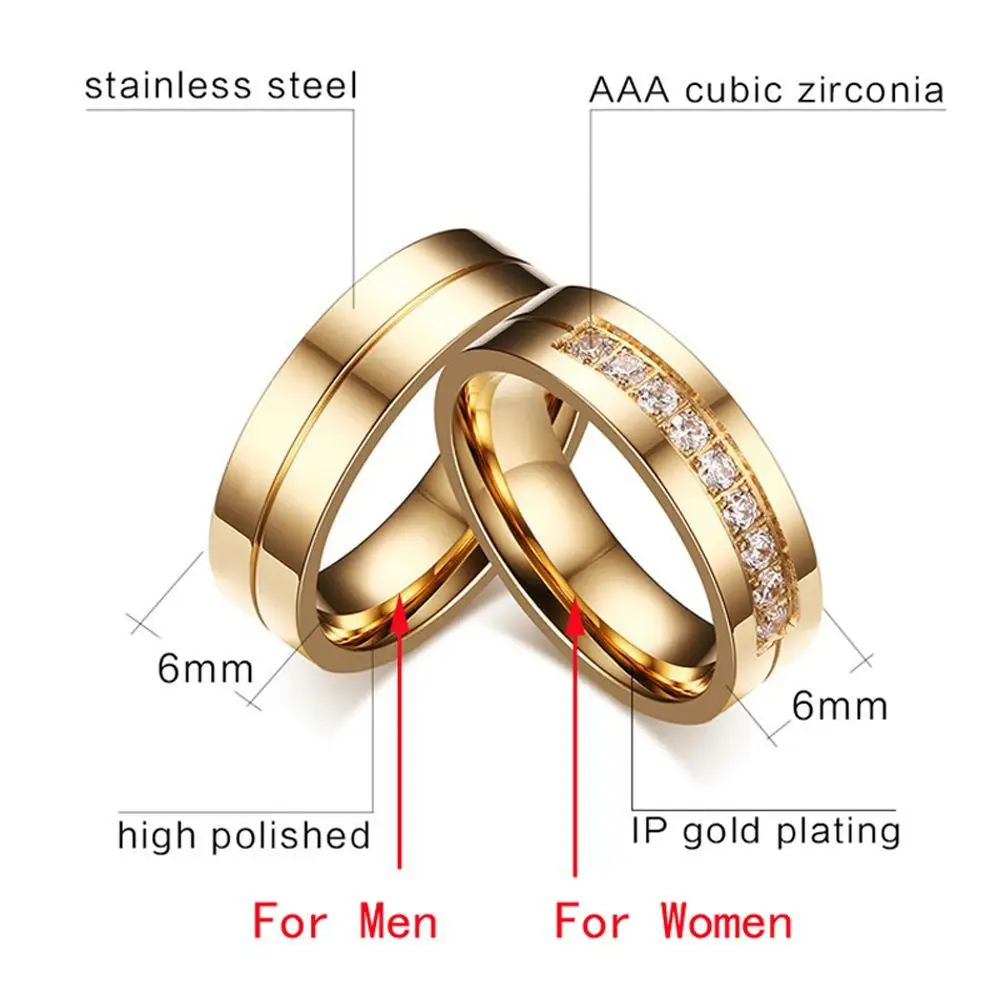 Anéis de casamento para homens e mulheres, banhado a ouro 18k, AAA CZ, zircônia cúbica, aço inoxidável, anel de casais, amor, dourado, prata