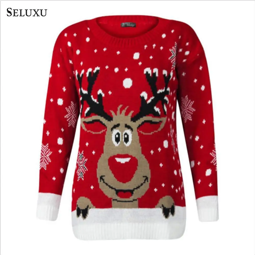 Seluxu Autumn Winter Women Sweater Long Sleeve Round Neck Sweater Christmas Clothes Santa Claus Print Christmas Sweater Pullover