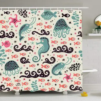 

Shower Curtain Set with Hooks 66x72 Cute Nature Pattern Starfish Shrimp Underwater Tropical Live Jellyfish Animals Wildlife