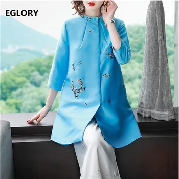 

High Quality Coat Trench 2020 Spring Autumn Overcoats Women Floral Embroidery Covered Button Casual Blue Purple Coats Female