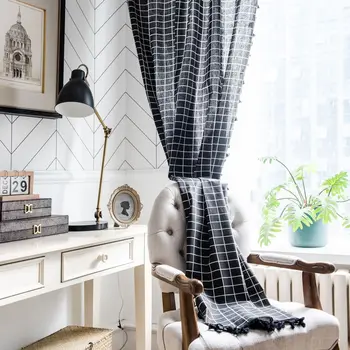 

Yaapeet 1pc Modern Curtain Plaid Blackout Window Curtains Brief Tassel Window Drapes for Living Room Elegant Home Decoration