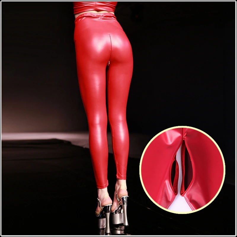 

Sexy Red Latex PU Faux Leather Skinny Pants Open Crotch Leggings Women High Waist Invisible Zipper Black Custom Slim Trousers