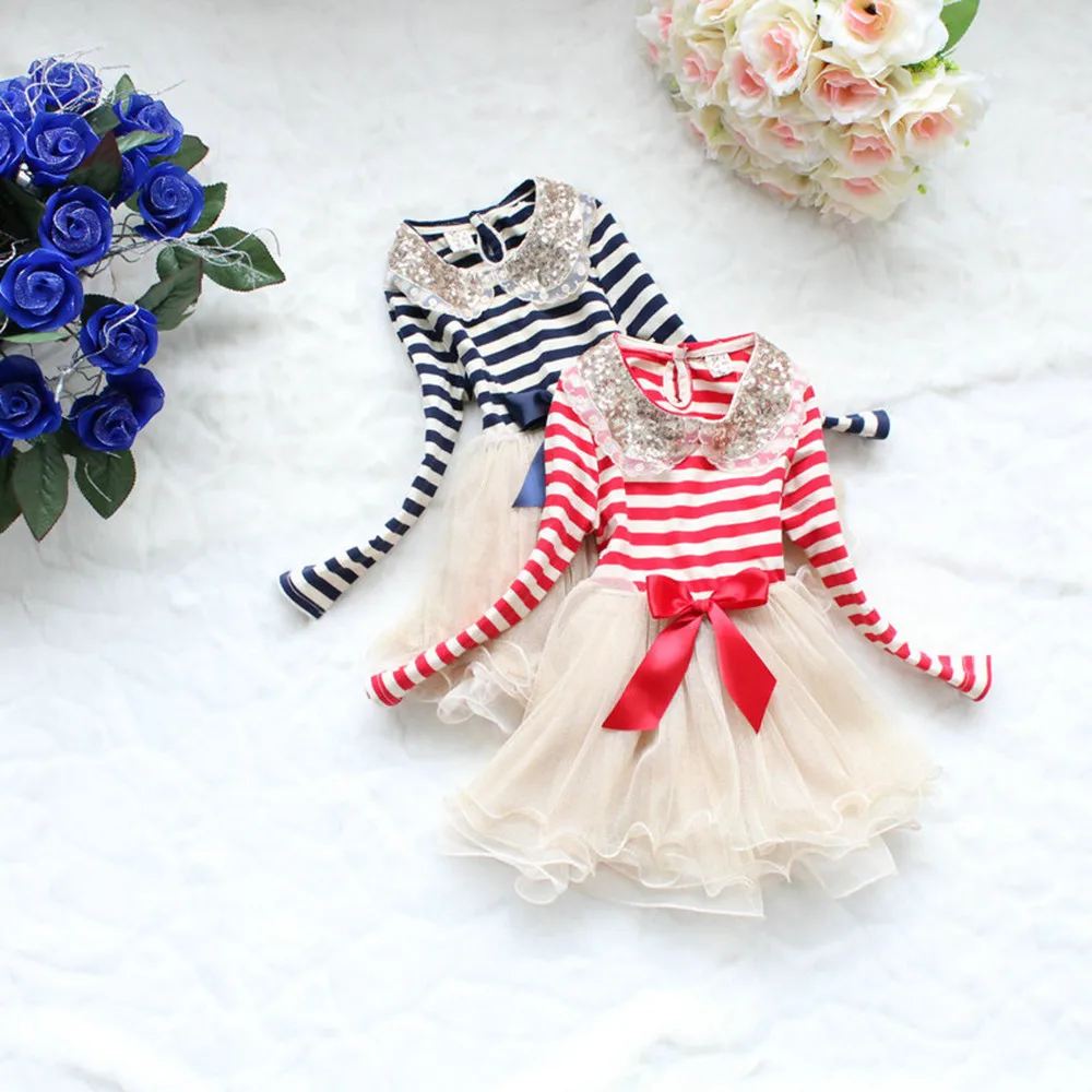 

Popular Girl Toddler Sequins lace collar striped veil Party Tutu dress YF063