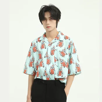 

Male Japan Harajuku Streetstyle Loose Shirt Men Summer New Skull Print Short Sleeve Casual Shirt