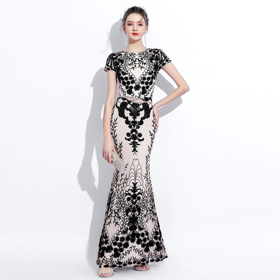 Vestido de festa longo Short Sleeves Embroidered sequins Flowers Decoration Tulle Mermaid Sexy Long Fishtail Evening Dresses