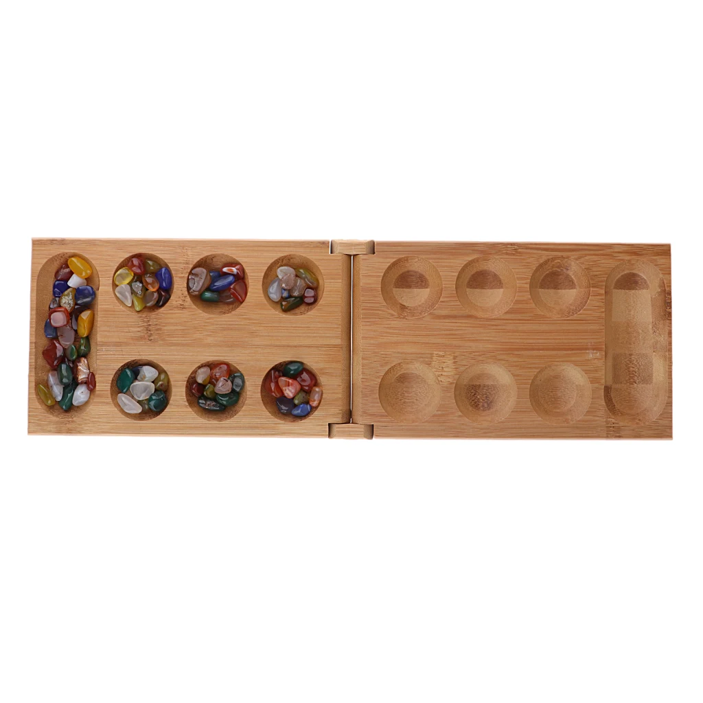 Mancala Набор для настольной игры с твердой складной деревянной доской и разноцветными стеклянными бусинами-Тактическая игра для детей