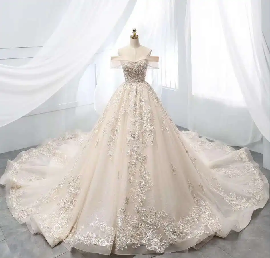 

Real Pictures VIntage Off Shoulder Lace Wedding Dresses A-Line Tulle Lace Up Luxury Bridal Gowns for Women