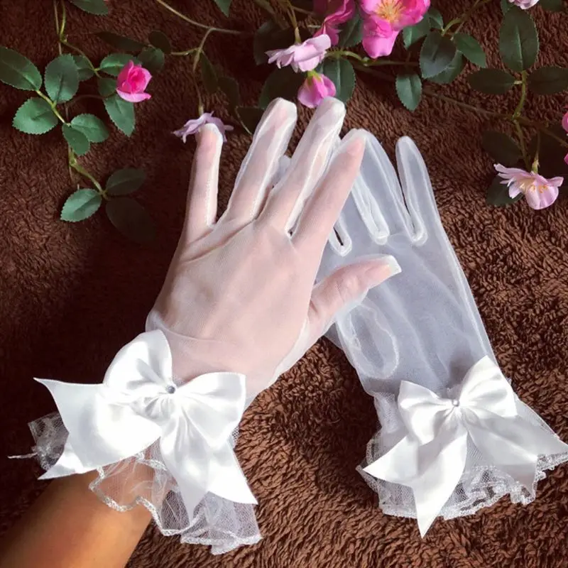 New Bride Gloves Gauze Bow-knot with Fingers Short White Glove Wedding Dress Accessories Photo Props E15E