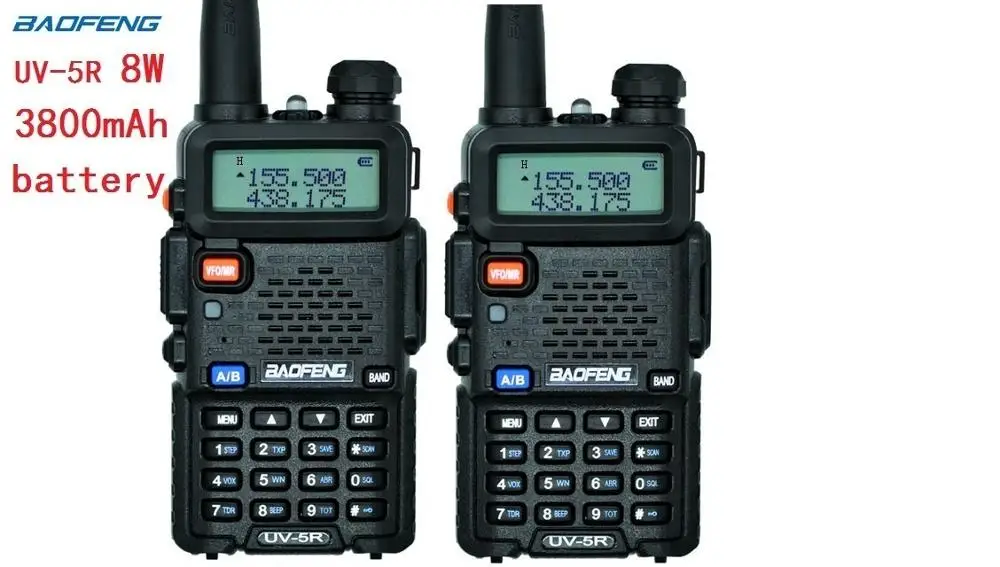 2 шт baofeng UV-5R настоящая 8 Вт 3800 мАч батарея портативная рация для двухсторонней радиостанции VHF UHF Двухдиапазонная портативная cb радио comunicador рация - Цвет: black with 3800MAH