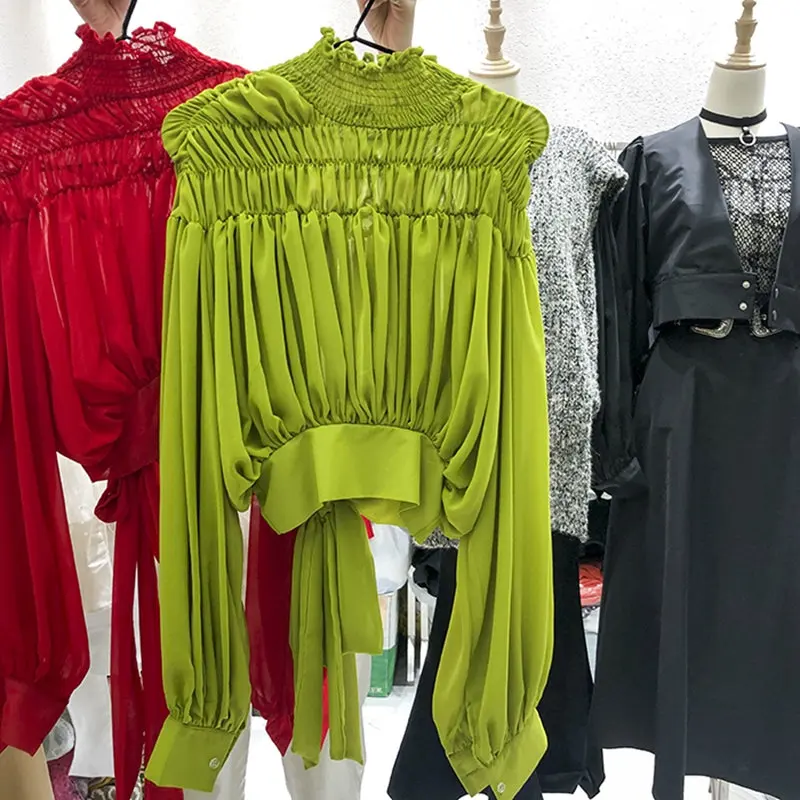 Green Shirt Women RICININA, шифоновые блузки для женщин, длинный рукав, водолазка, оборки, повязки, корейские, плиссированные, офисные, белые рубашки, женские топы, зима - Цвет: Green Shirt Women