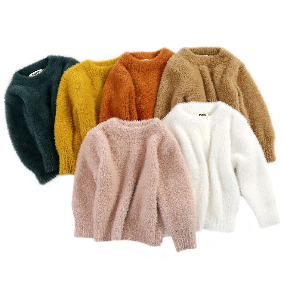 

Lovely Kid Baby Girl Solid Color Sweater Long Sleeve Round Neck Artificial Imitation Mink Hair Pullover Sweater Fall Winter
