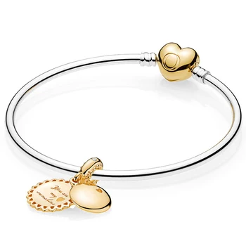 

NEW 100% 925 Sterling Silver Shine Sterling Silver Bangle with Heart Clasp New Sweet Love Heart Golden Pendant Bangle Set