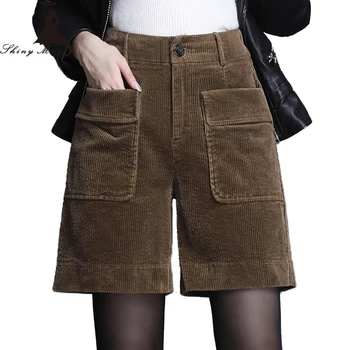 

SHINYMORA 2019 Corduroy Shorts for Women High Waist Elegant Loose Shorts Female Casual Button Fly Shorts Plus Size Solid Shorts