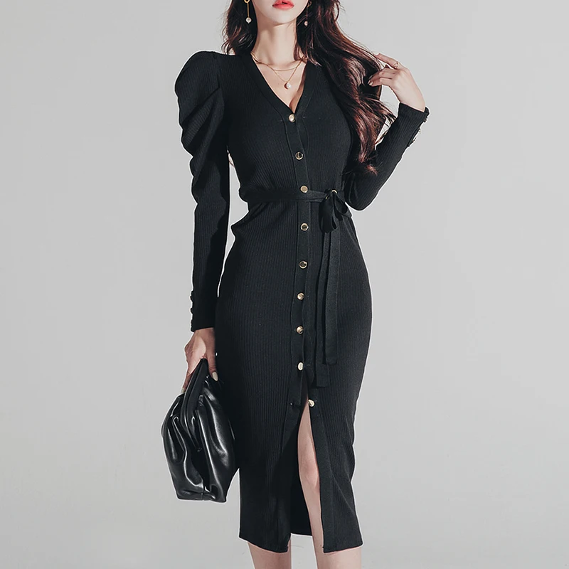 JSXDHK осеннее зимнее однобортное платье-свитер модное трикотажное облегающее сексуальное облегающее платье с v-образным вырезом и поясом - Цвет: Черный