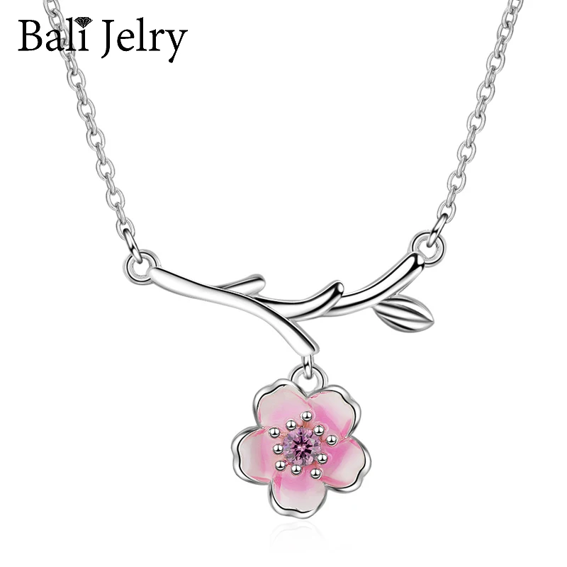

Bali Jelry Trendy 925 Sterling Silver Necklace for Women Pink Zircon Flower Shape Pendant Jewelry Accessories Wedding Engagement