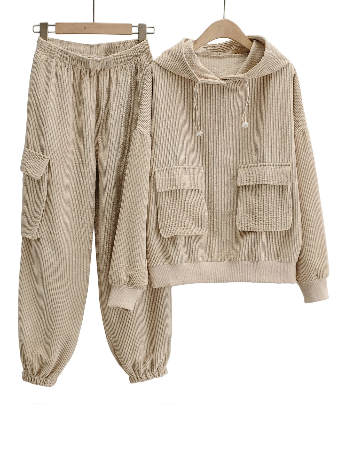 

Women Knitted Two Peices Set Corduroy Tracksuits Autumn Winter Tooling Pocket Thick Warm Hoodies Sweatshirt Pants Female Sets