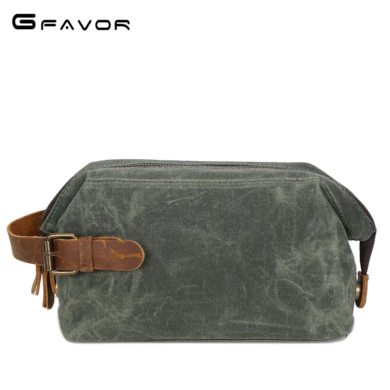 

SOURCE Point Men Clutch Oil Wax Canvas Wash Bag Retro Cosmetic Bag Full-grain Leather Wrist Wrap Amazon-