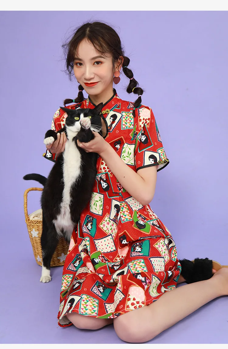 SWEETXUE Cheongsam-платье женское милое Kawaii китайская пуговица с принтом свободное Повседневное платье Летнее Harajuku шикарное ТРАПЕЦИЕВИДНОЕ ПЛАТЬЕ