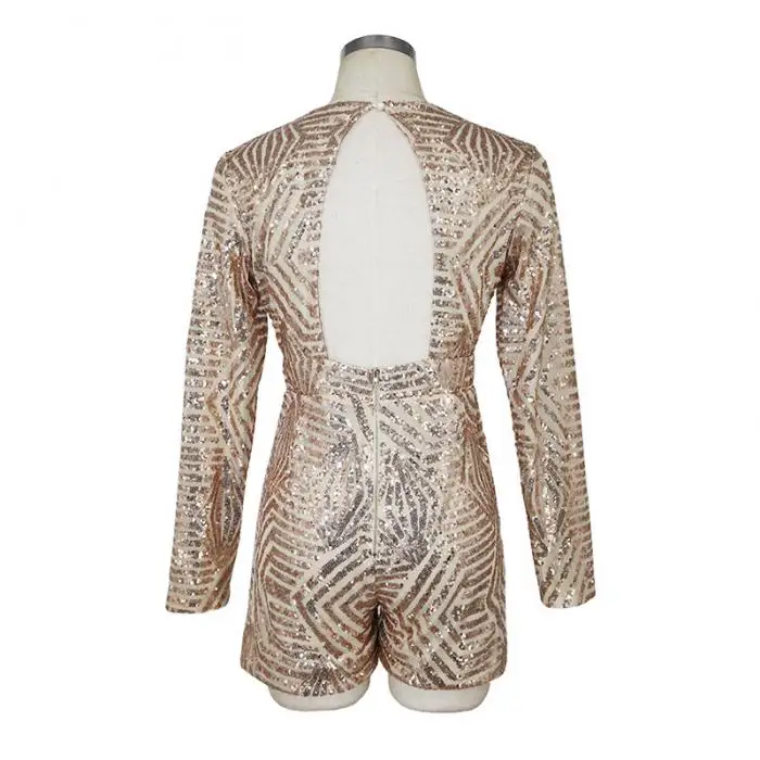 Pop Women Sequins Jumpsuit Deep V Neck Long Sleeves Backless Rompers For Spring Pop 88