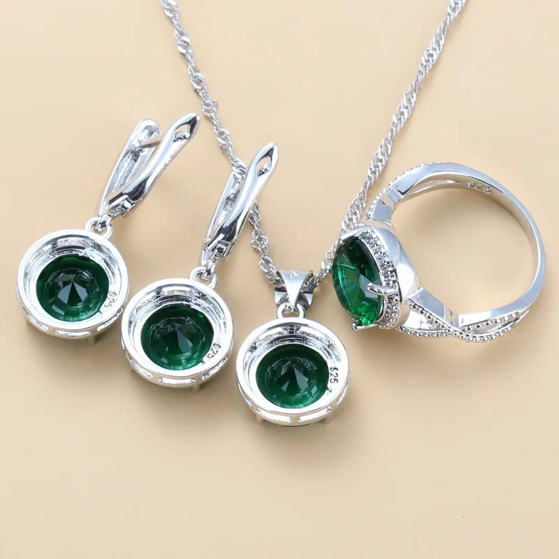 New Trendy 925 Silver Jewelry Sets Green Cubic Zirconia Necklaces Pendants Earrings And Ring For Women Gift