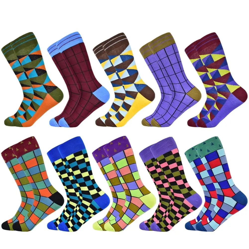 10 pairs of socks-Q Горячая Распродажа, мужские носки новые цветные осенние и зимние хлопковые носки геометрические решетки классические деловые повседневные счастливые мужские носки - Цвет: 10 pairs of socks-Q