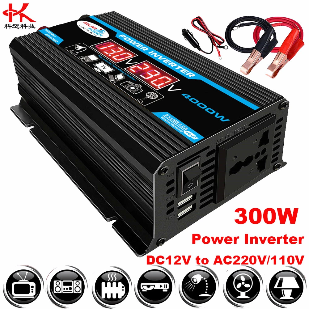 Inversor de energía Solar para coche, convertidor 12 v, 220 110 v, 300W, potencia máxima de 4000W, transformador de CC CA, carga de 12 v, 220 v, 110 v|Inversores de coche| - AliExpress