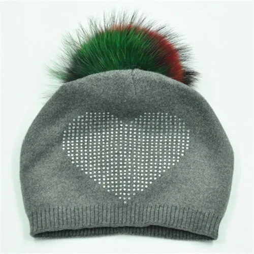 Grey colorful fur Шапки с меховым бомбоном Кепки Pom Poms зимняя женская шапка для девочек стразы женские шапки, вязанные шапки бини шапки Кепки Фирменная новинка, плотная женская меховая Шапки - Цвет: Grey colorful fur