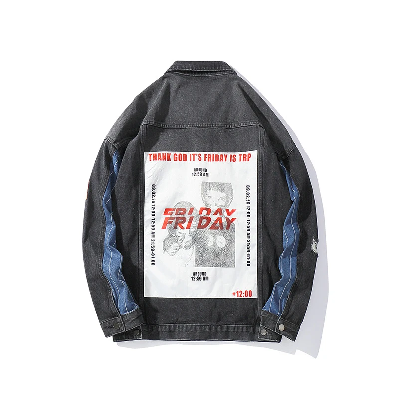 

Hip Hop Streetwear Ripped Denim Jacket Men Color Block Patchwork Printed Oversized Jeans Jacket Autumn Winter Casual Outwear