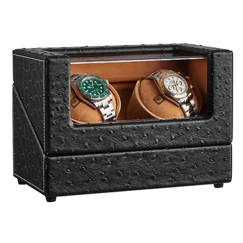 

JQUEEN Black Ostrich Pattern Watch Winder with Quiet Motors 2+0 Storage High Quality
