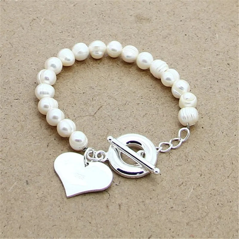 New 925 Sterling Silver Bracelet Natural Freshwater Pearl With Heart Brand Bracelet For Woman Charm Jewelry Wedding Gift