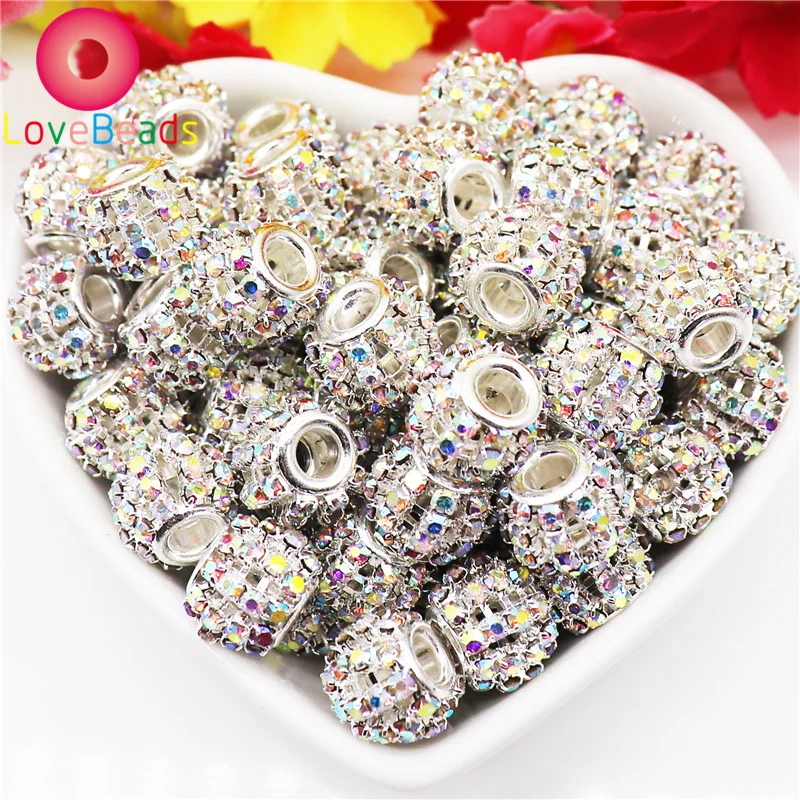 10Pcs Gold Color Crystal Rhinestone Round Rondelle Spacer Beads Charms Fit Pandora Bracelet Keychain Pendants DIY Chain Jewelry