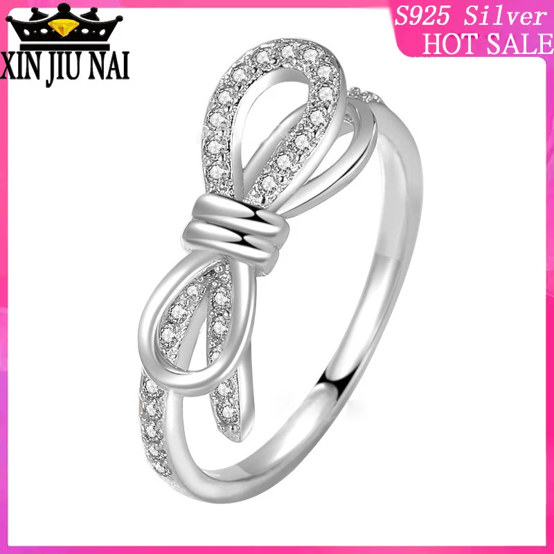 

S925 sterling silver little playful bow girlfriend,Button twist twist elegant little lover birthday gift diamond rings for women